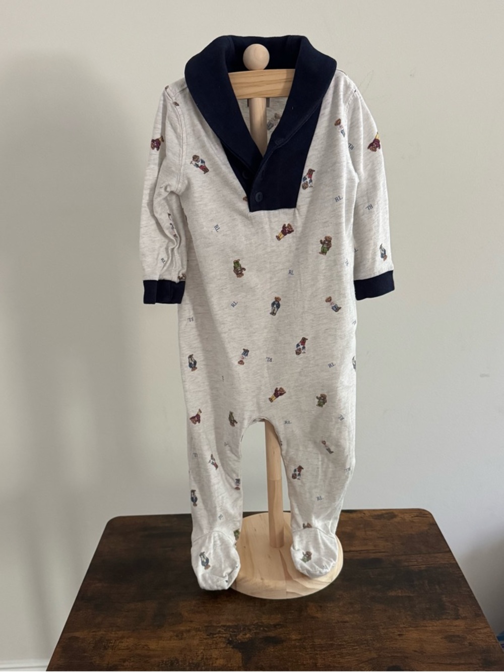 Ralph Lauren Cream Footed One-Piece with Navy Shawl Collar